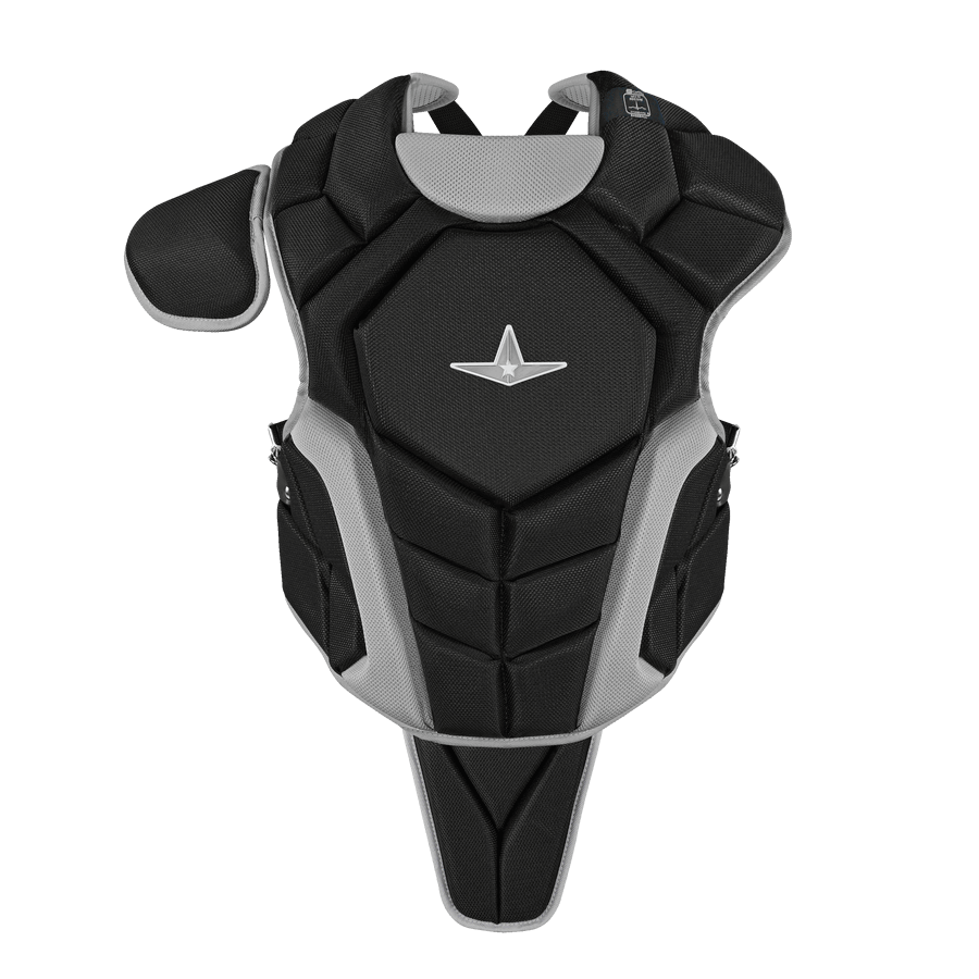 All-Star Top Star catcher’s chest protector with black and gray design, meeting NOCSAE standards for ages 12-16.