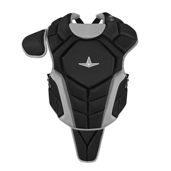 Top Star catcher's chest protector in black and grey, NOCSAE certified, designed for youth baseball ages 9-12.