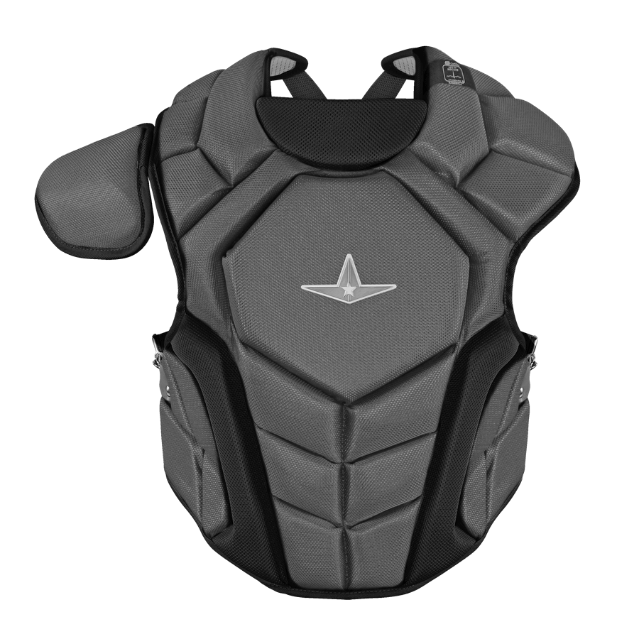 All-Star Top Star Catcher's Kit chest protector in gray, featuring NOCSAE compliant design and removable groin protector.