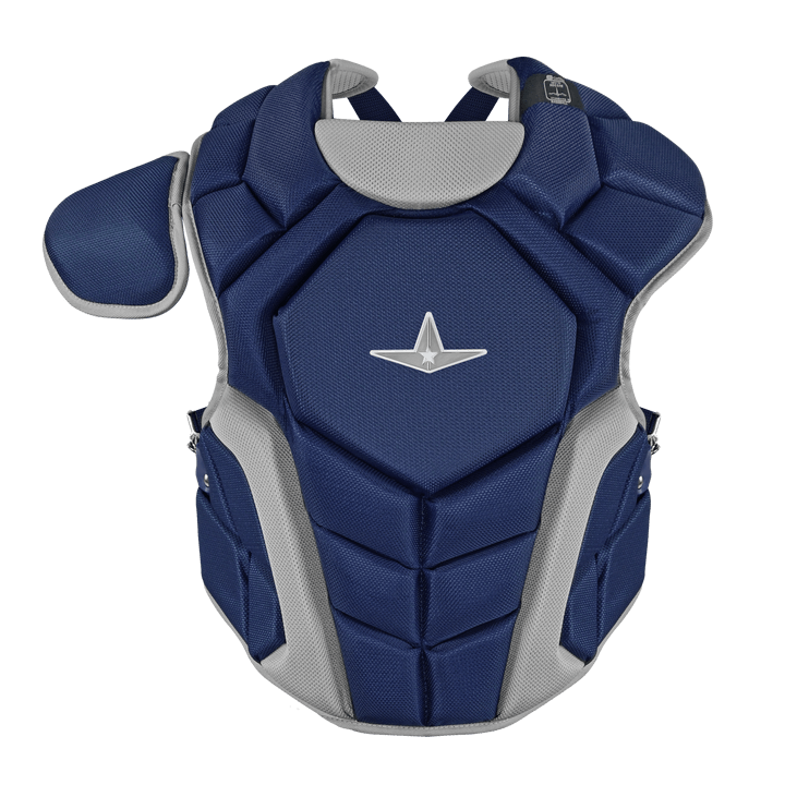 Navy blue catcher’s chest protector with padded design and removable shoulder cap for youth baseball gear.
