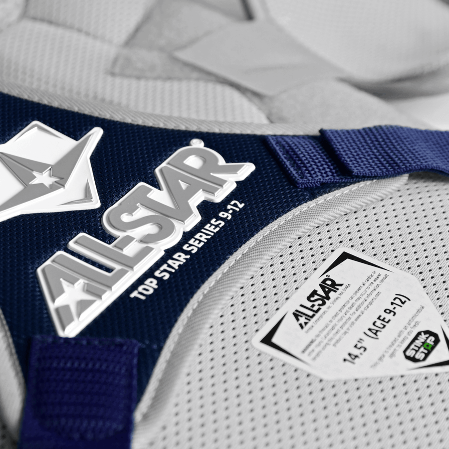 All-Star Top Star Series logo and size label on premium baseball catcher's gear for age 9-12.