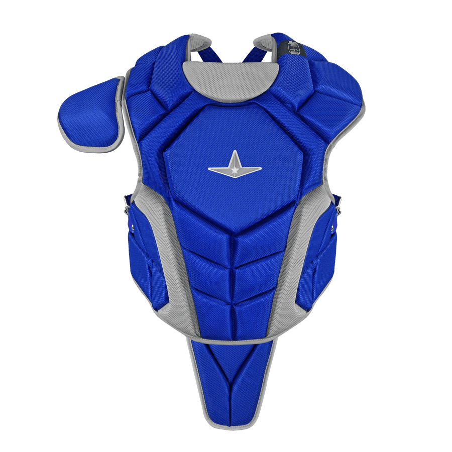 Blue NOCSAE certified chest protector for catchers, featuring padded design, adjustable fit, and premium mesh fabric.