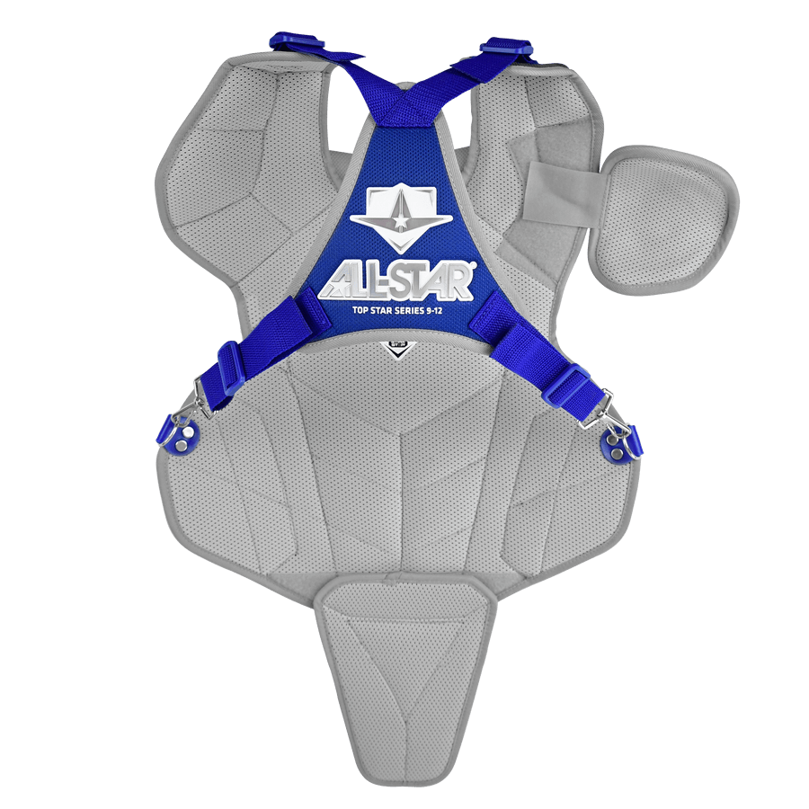 All-Star Top Star catcher’s chest protector with adjustable straps, gray design, and removable groin protector.