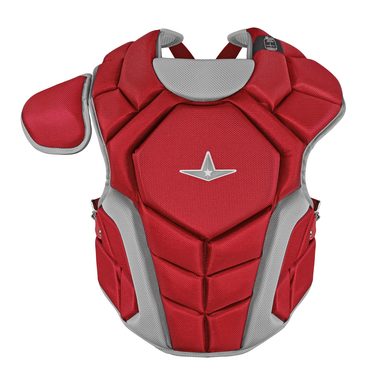Red catcher’s chest protector from All-Star Top Star series, NOCSAE compliant, designed for youth ages 9-12.