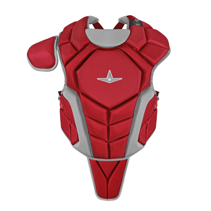 All-Star Top Star Catcher's Kit chest protector in red, featuring NOCSAE compliance and padded design for youth catchers aged 9-12.