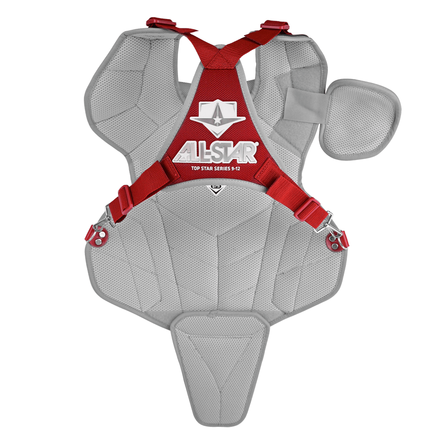 All-Star Top Star Series catcher's chest protector with adjustable straps and removable groin guard, gray and red design.