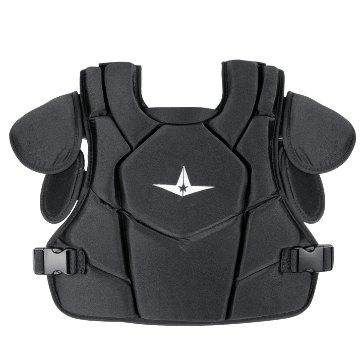 All-Star CPU26 chest protector for umpires, featuring a durable black design with adjustable straps for comfort and protection.