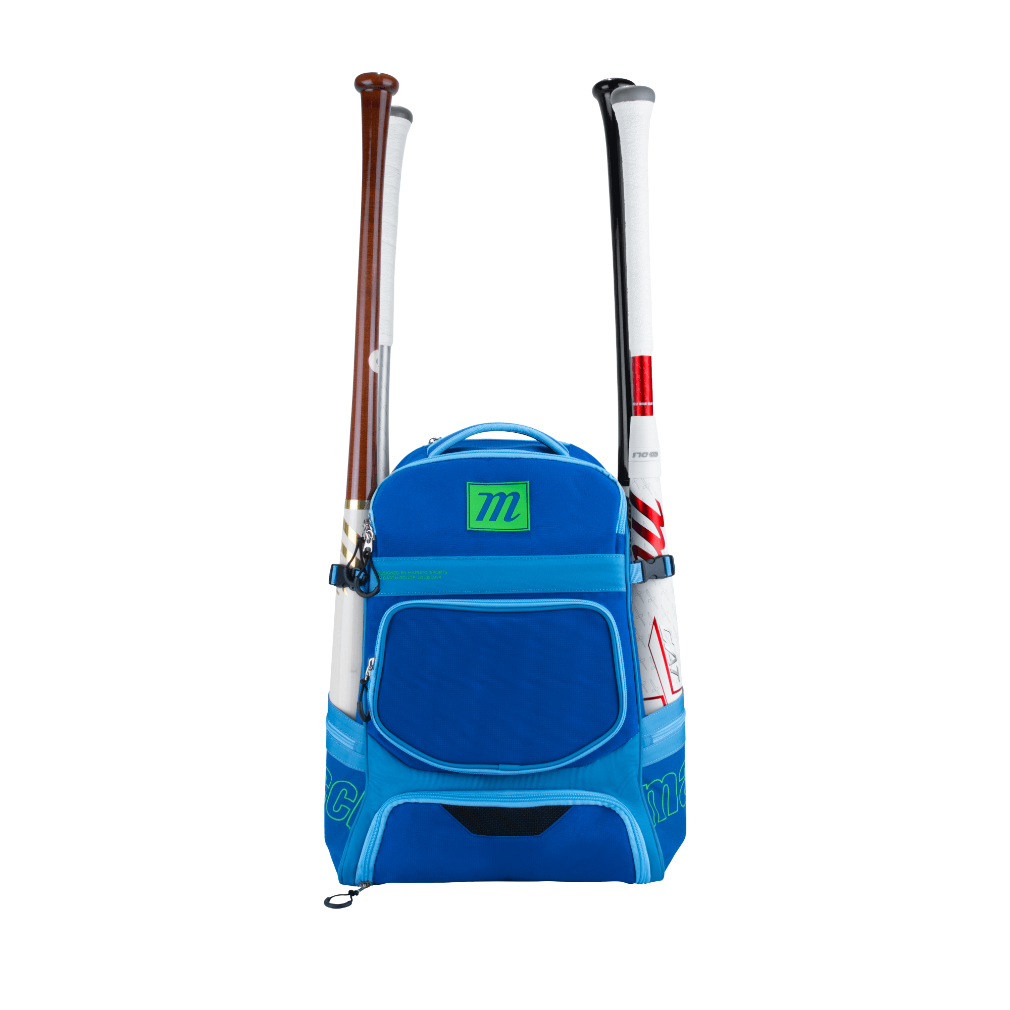 Marucci Rangr Bat Pack in Royal Blue with Columbia Blue accents, featuring space for two baseball bats and multiple storage pockets.