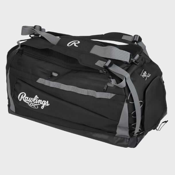 Rawlings MACH Duffle Bag featuring bat storage sleeves and spacious interior for sports gear organization.