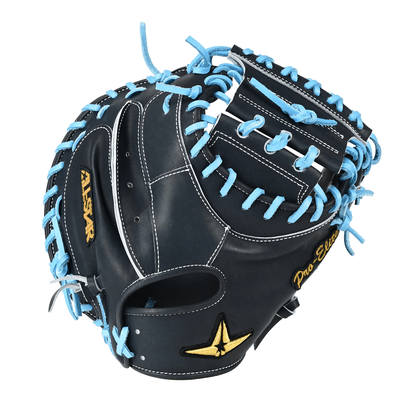 All-Star Pro-Elite Japan 34" Catchers Mitt Open Back Navy/Sky Blue backhand view with sky blue lacing