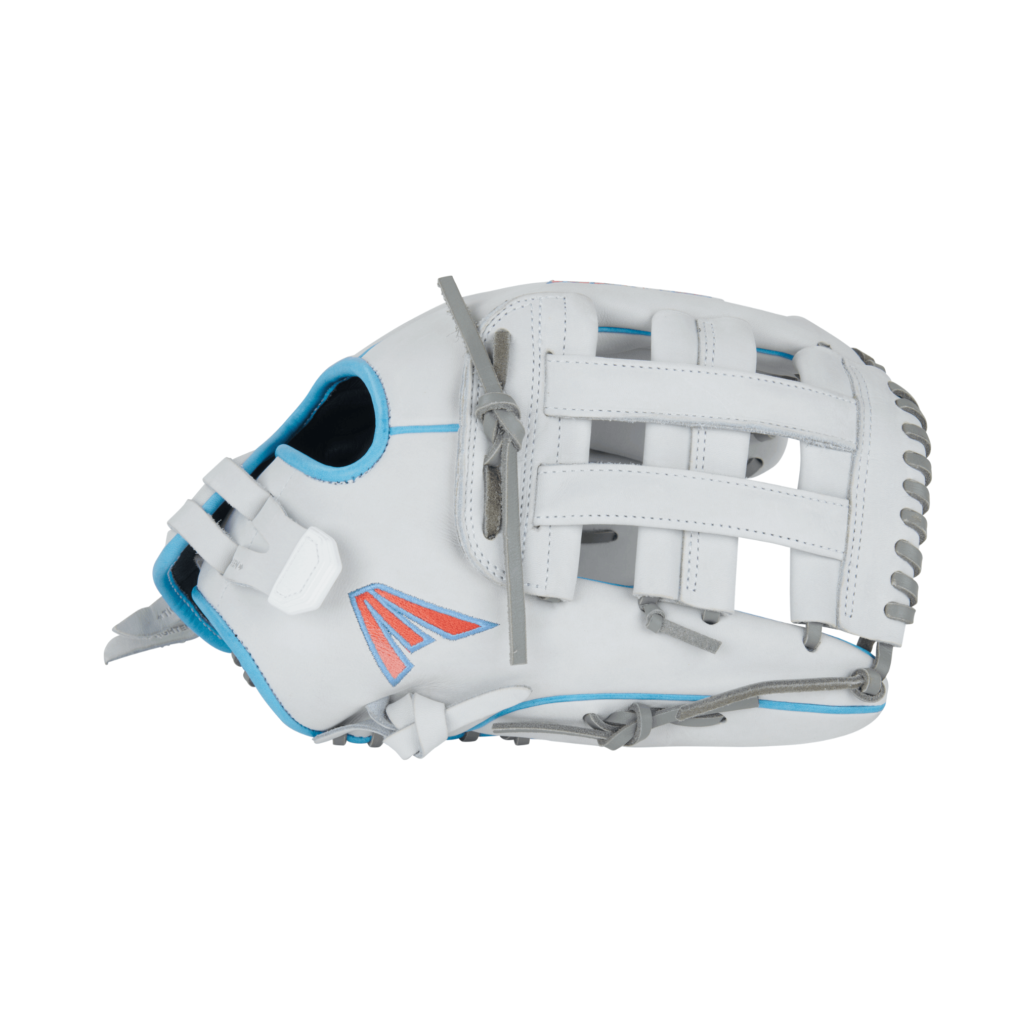 Easton Pro Collections Series Fastpitch Softball Glove in White, Columbia Blue, Pink, 13-inch size, ideal for outfield.