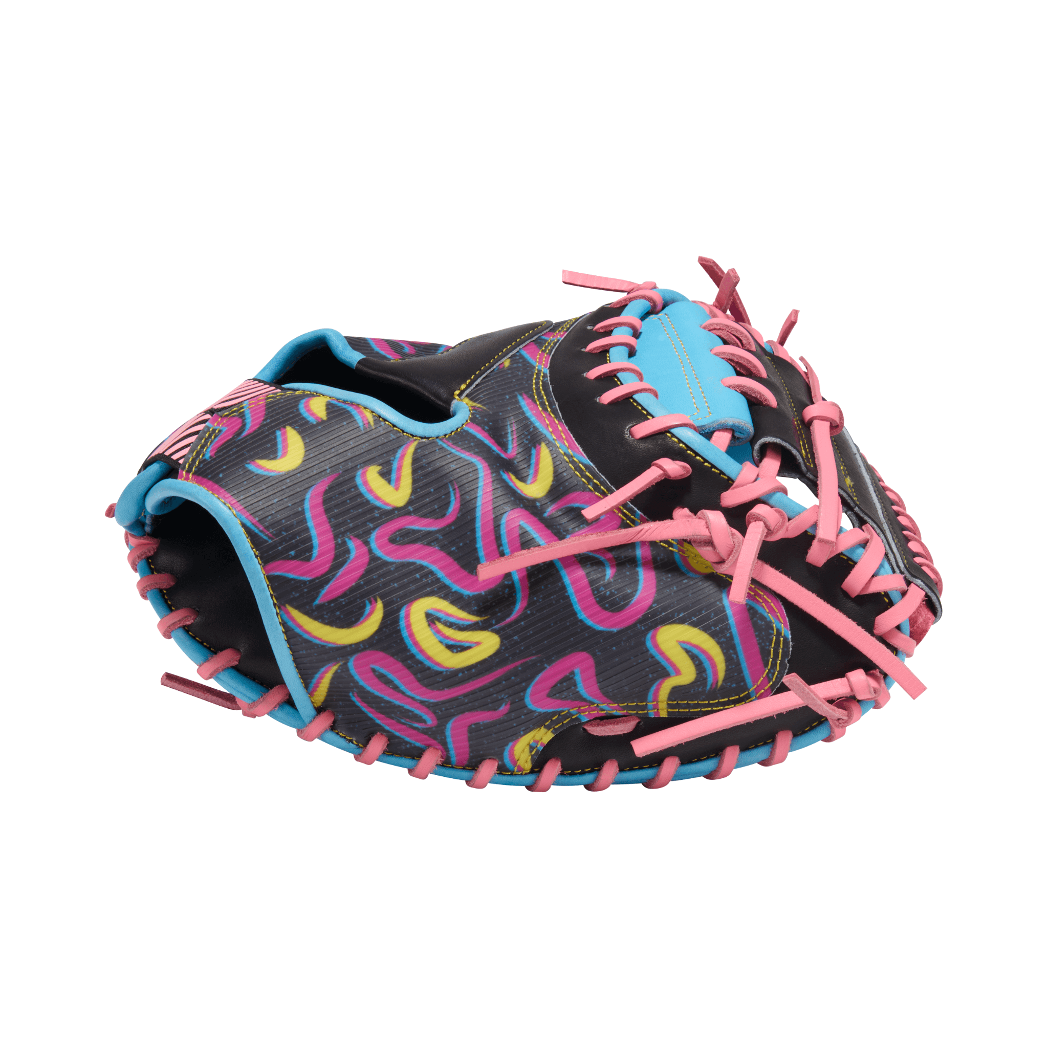 Left and thumb view of Rawlings REV1X 34" Columbia Blue/Black Catcher's Mitt.