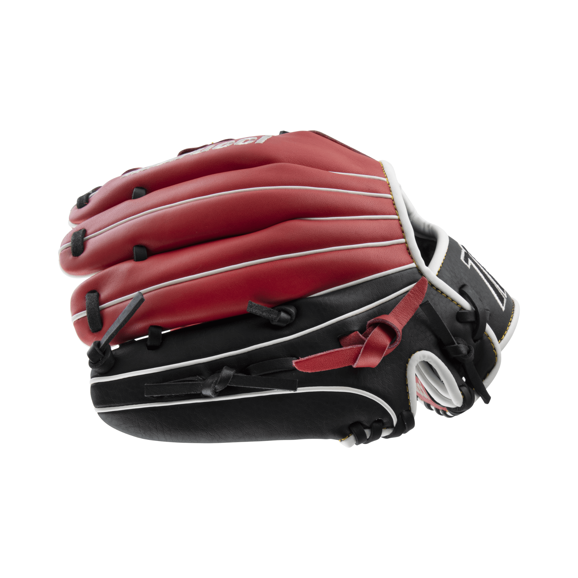 Marucci Caddo Series V2 11.00 single post glove in red and black, featuring adjustable thumb and pinky loops for enhanced fit.