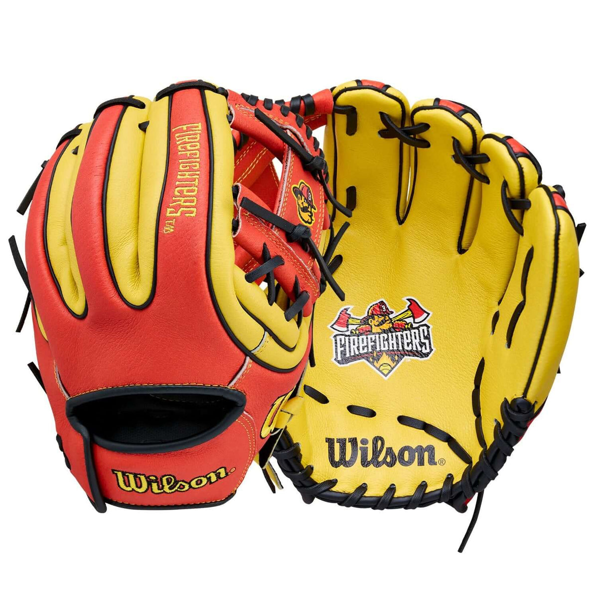 Wilson 2026 Firefighters 11” Youth Baseball Glove LHT in vibrant red and yellow design, perfect for young players.