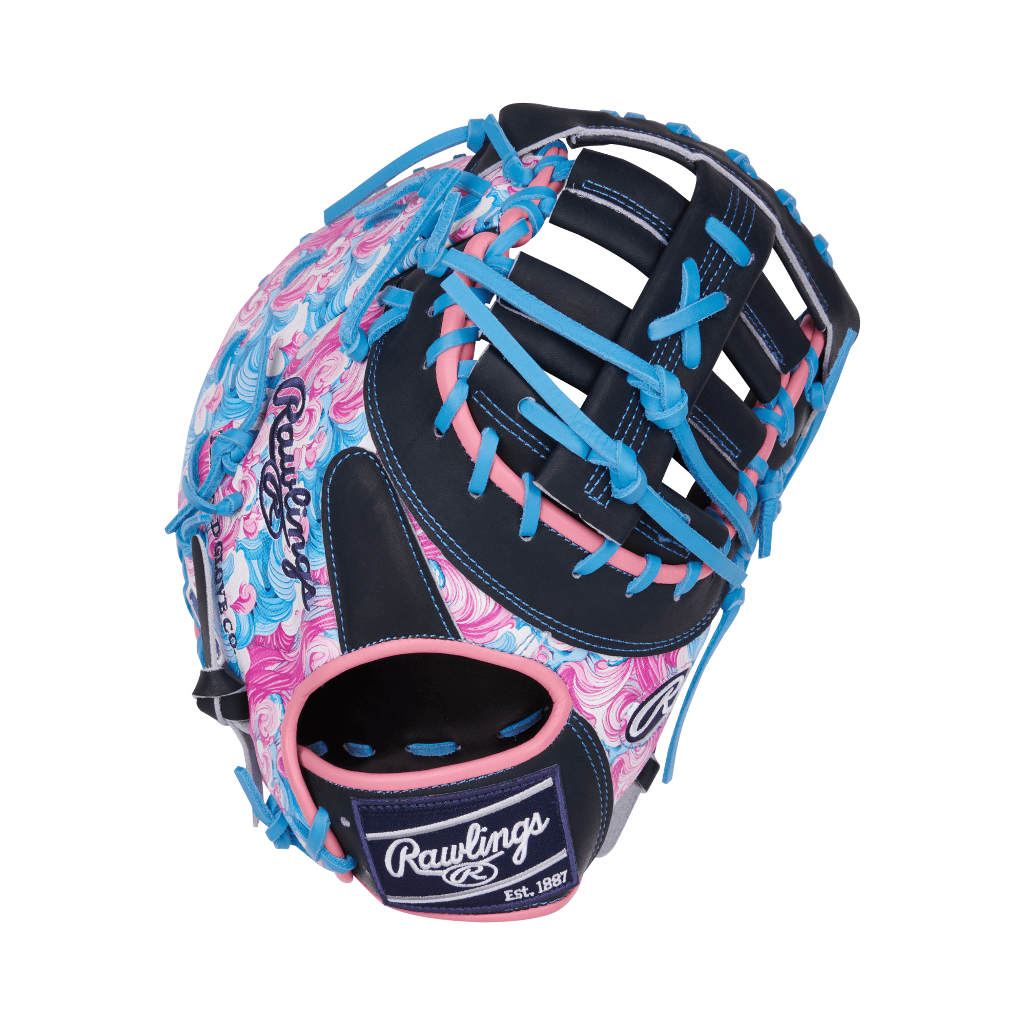 Rawlings Heart of the Hide Colorsync 9.0 First Base Mitt 13'' in vibrant pink and blue design, ideal for ultimate control.