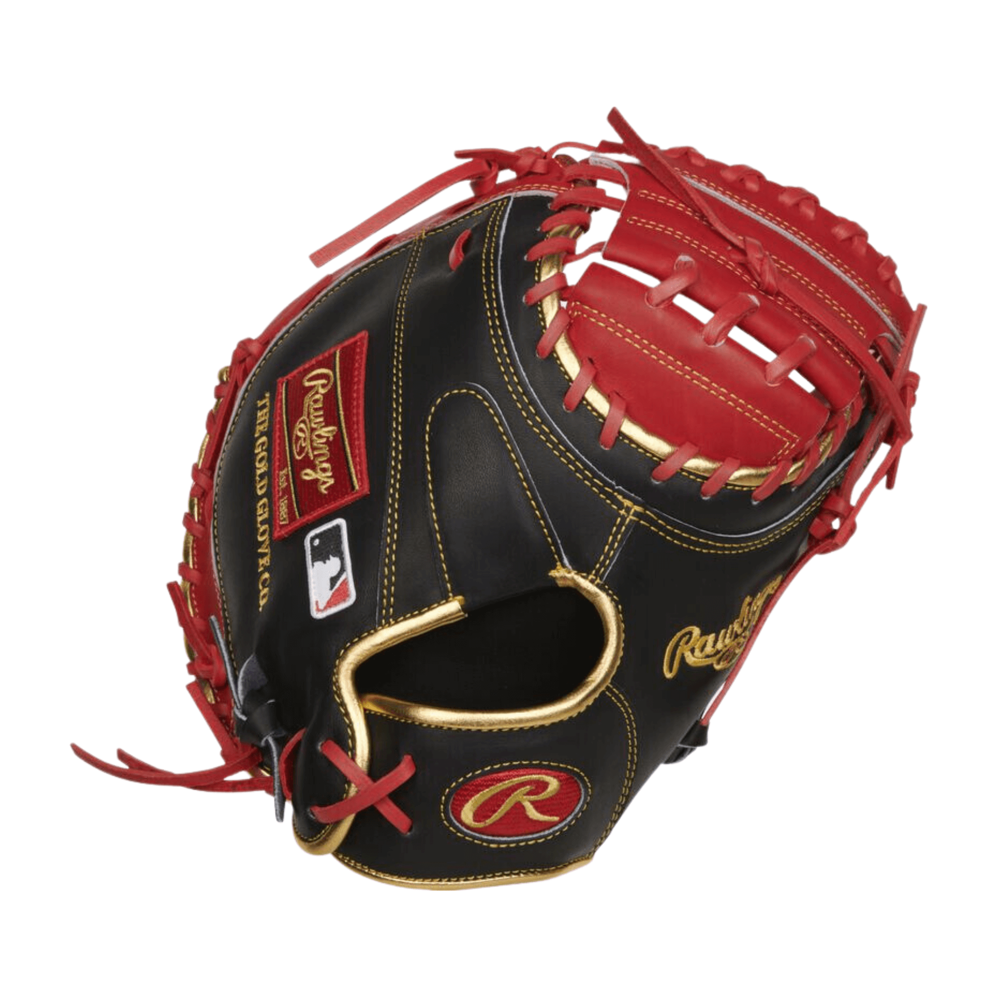 Rawlings Heart of the Hide 32.5" catcher's mitt in black and red with premium leather for durability and performance.