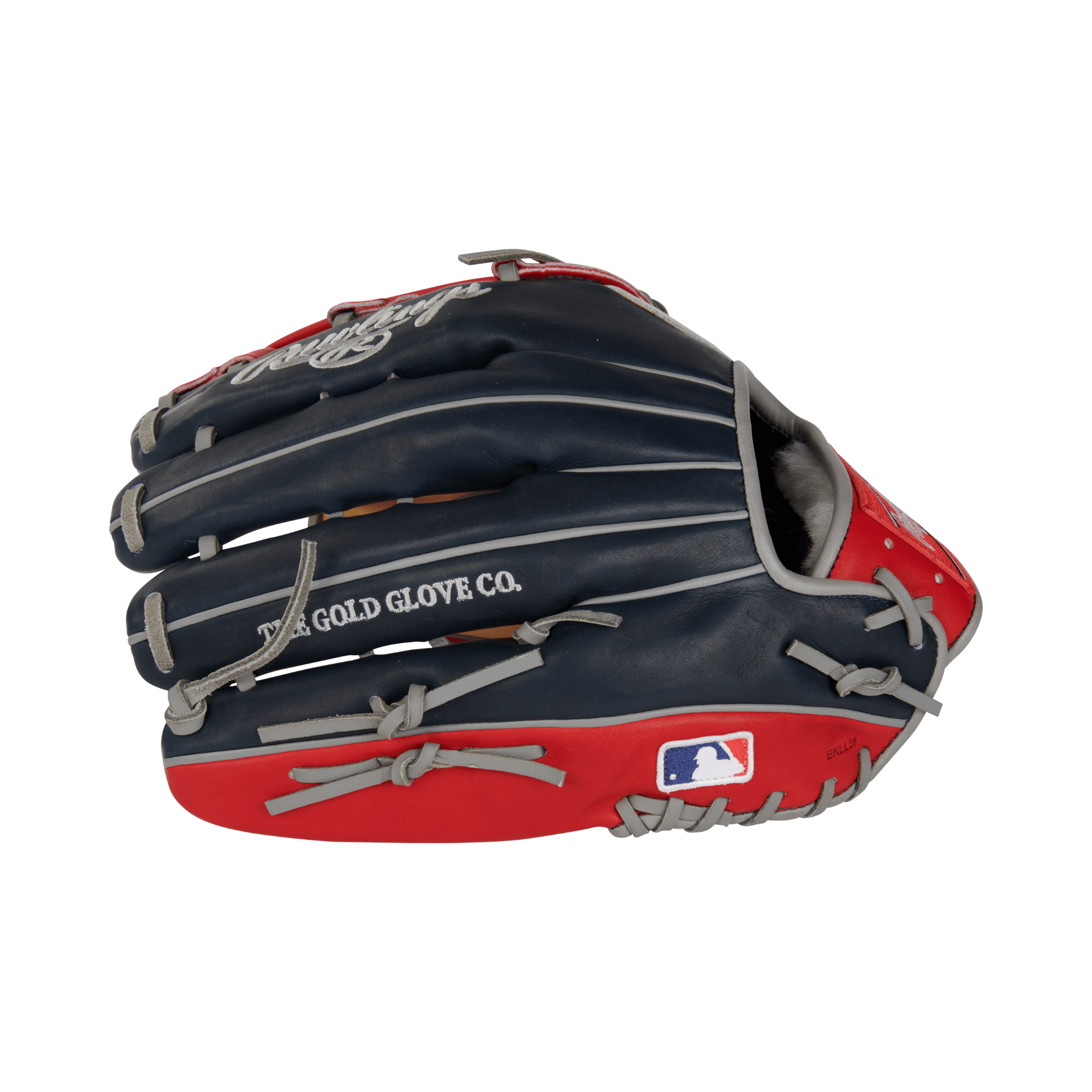 Rawlings Pro Preferred 12.75" baseball glove in red and black for outfield play, featuring Ronald Acuna Jr. design.