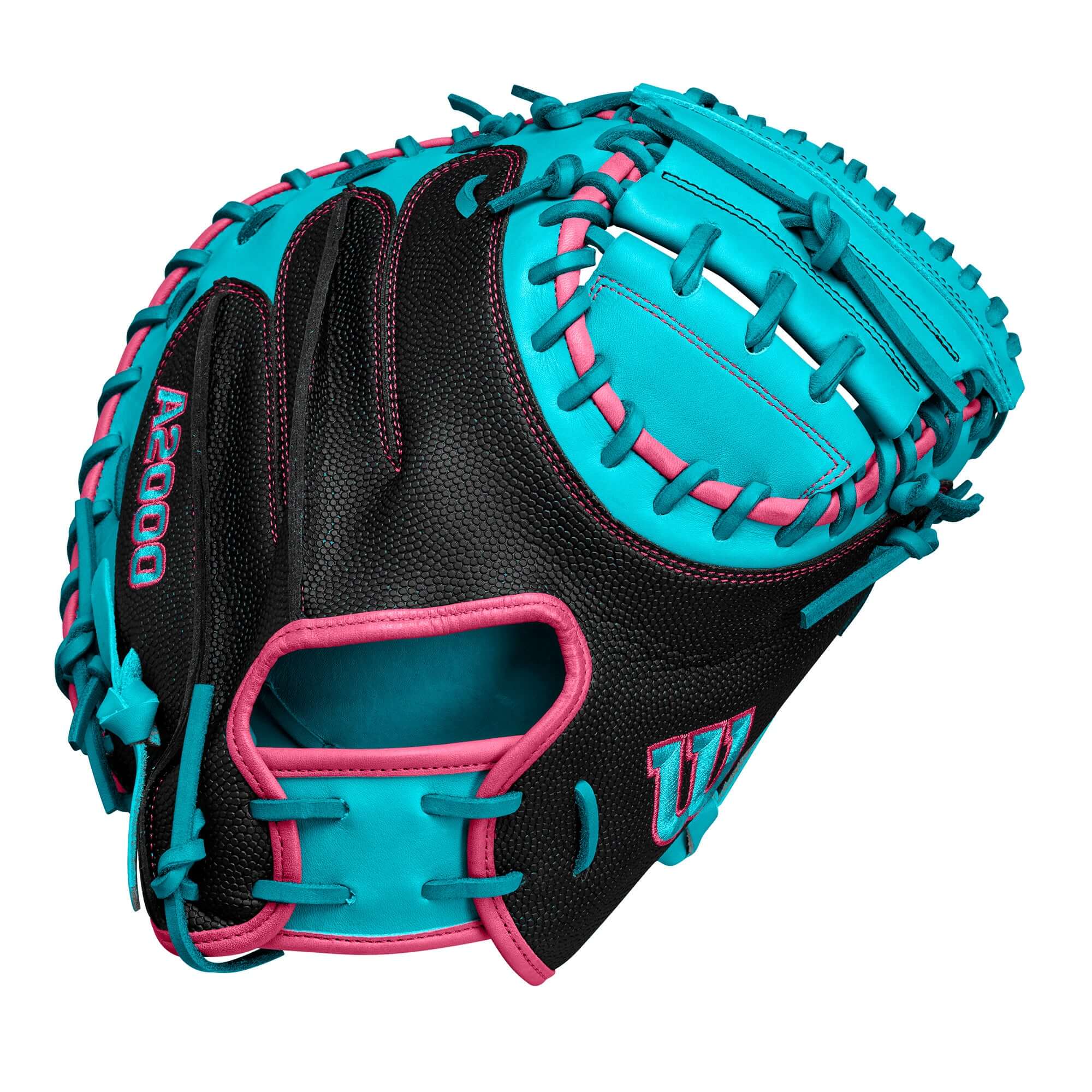 Wilson A2000 CM33 catcher’s mitt in black and teal, featuring Pro Stock leather and Half Moon Web design for precise control.