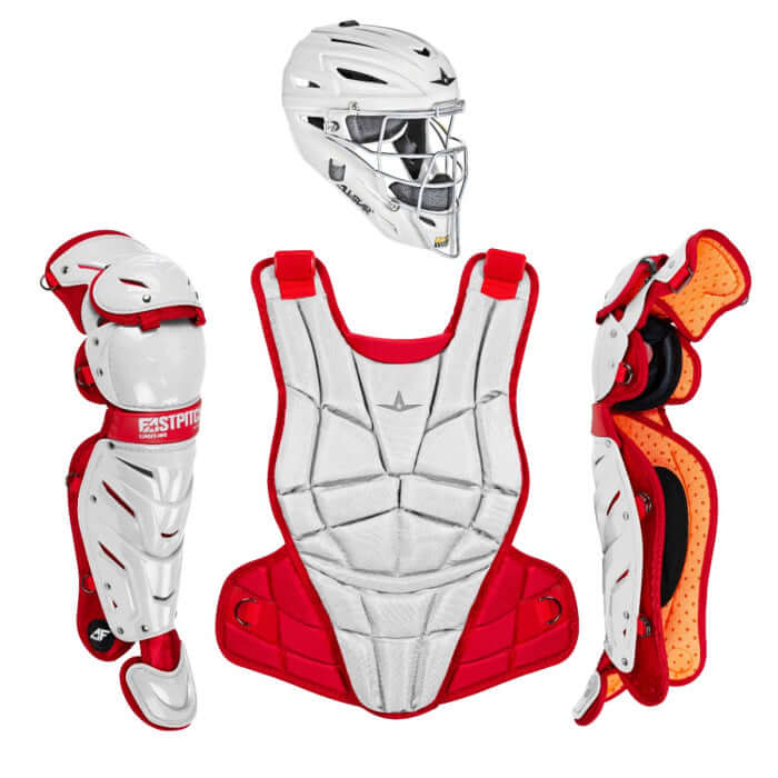 All-Star AFx Fastpitch Catching Kit / Medium, white and red catcher’s gear set including helmet, chest protector, and leg guards.