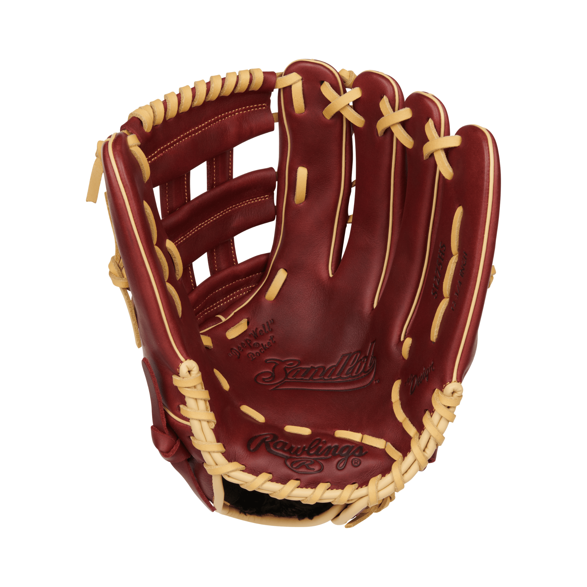 Rawlings Sandlot Series Outfield Glove 12.75" in deep maroon leather, showcasing vintage design and padded finger back.