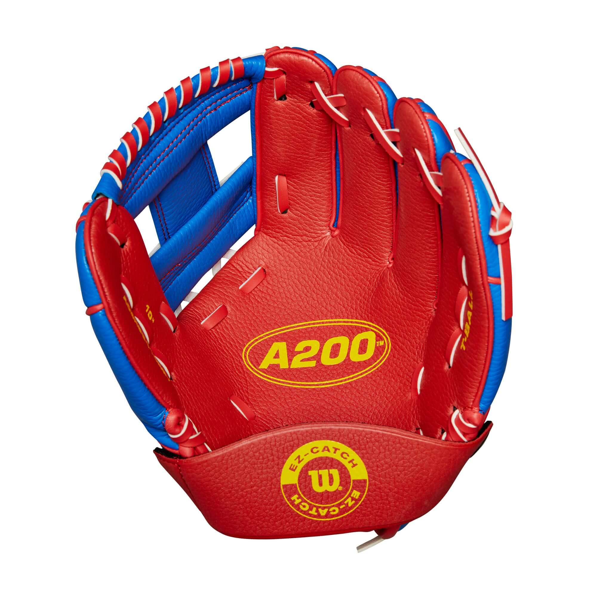 Wilson A200 EZ Catch 10" T-Ball Glove in red and blue, designed for young players with secure fit and catch assist strap.