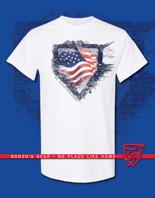 White premium tee with U.S. flag design, "No Place Like Home" slogan, showcasing comfort and patriotism.