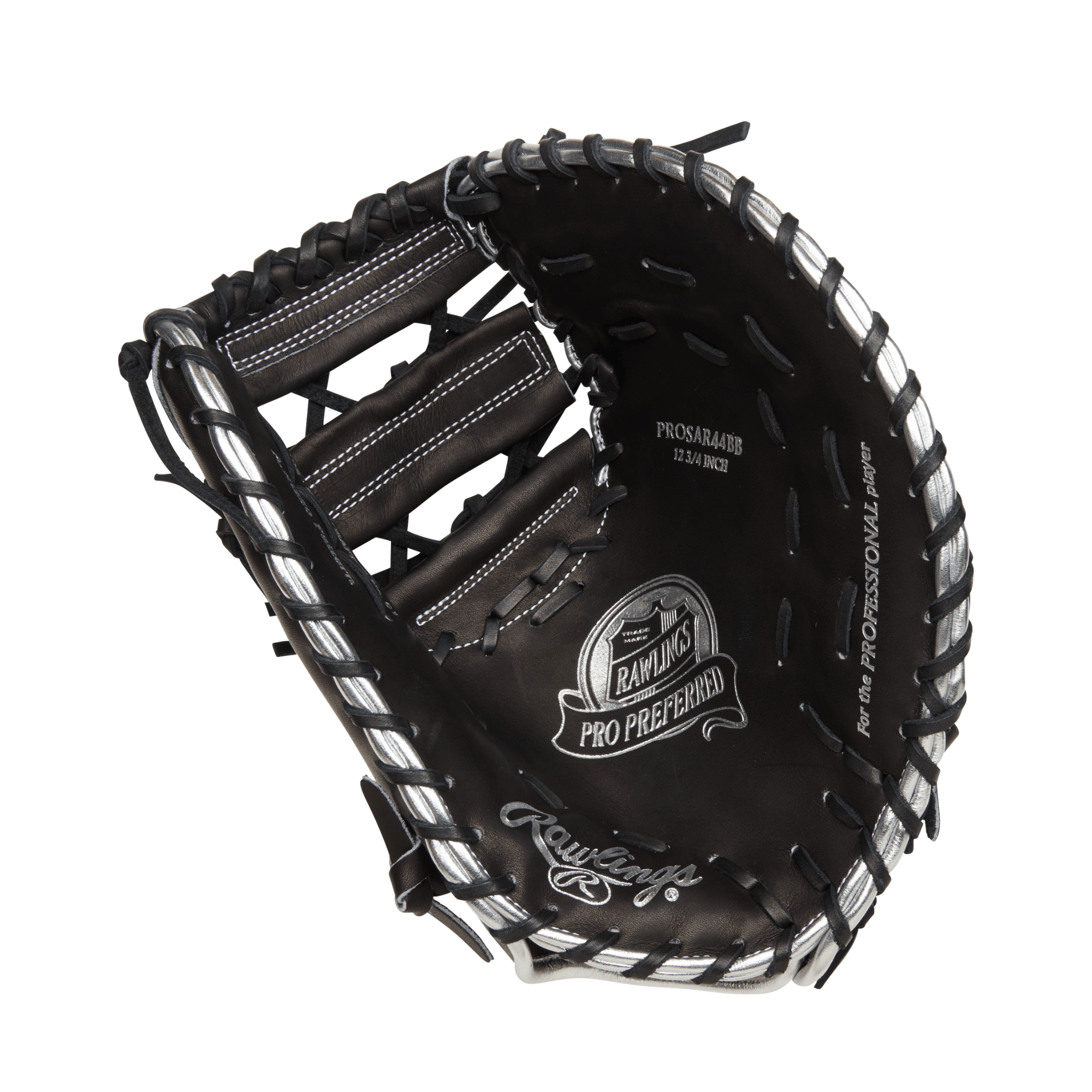 Rawlings Pro Preferred 12.75" first base mitt interior view showcasing premium kip leather and wool padding.