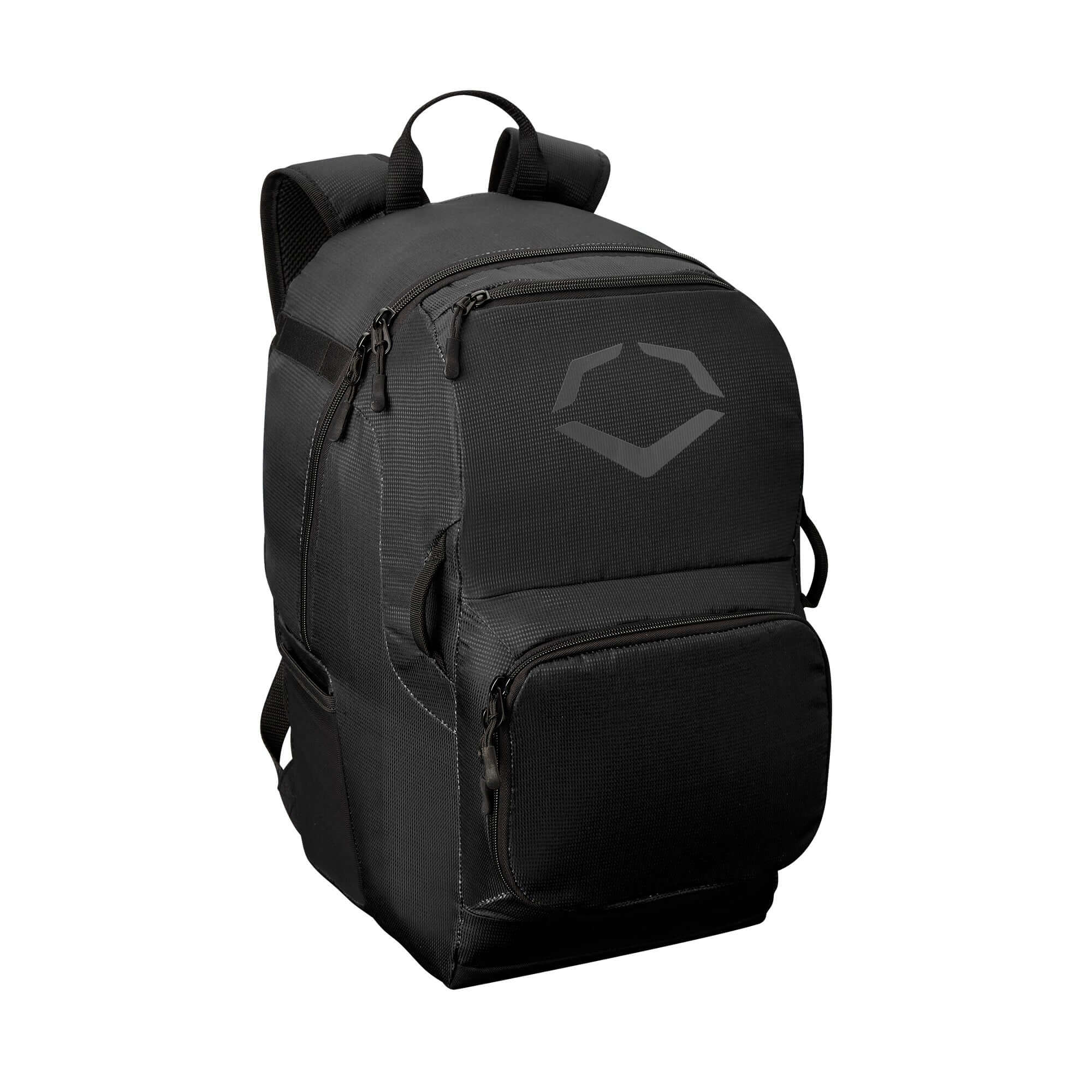 Evoshield SRZ-1 backpack with large main compartment and side bat sleeves for youth sports gear storage.