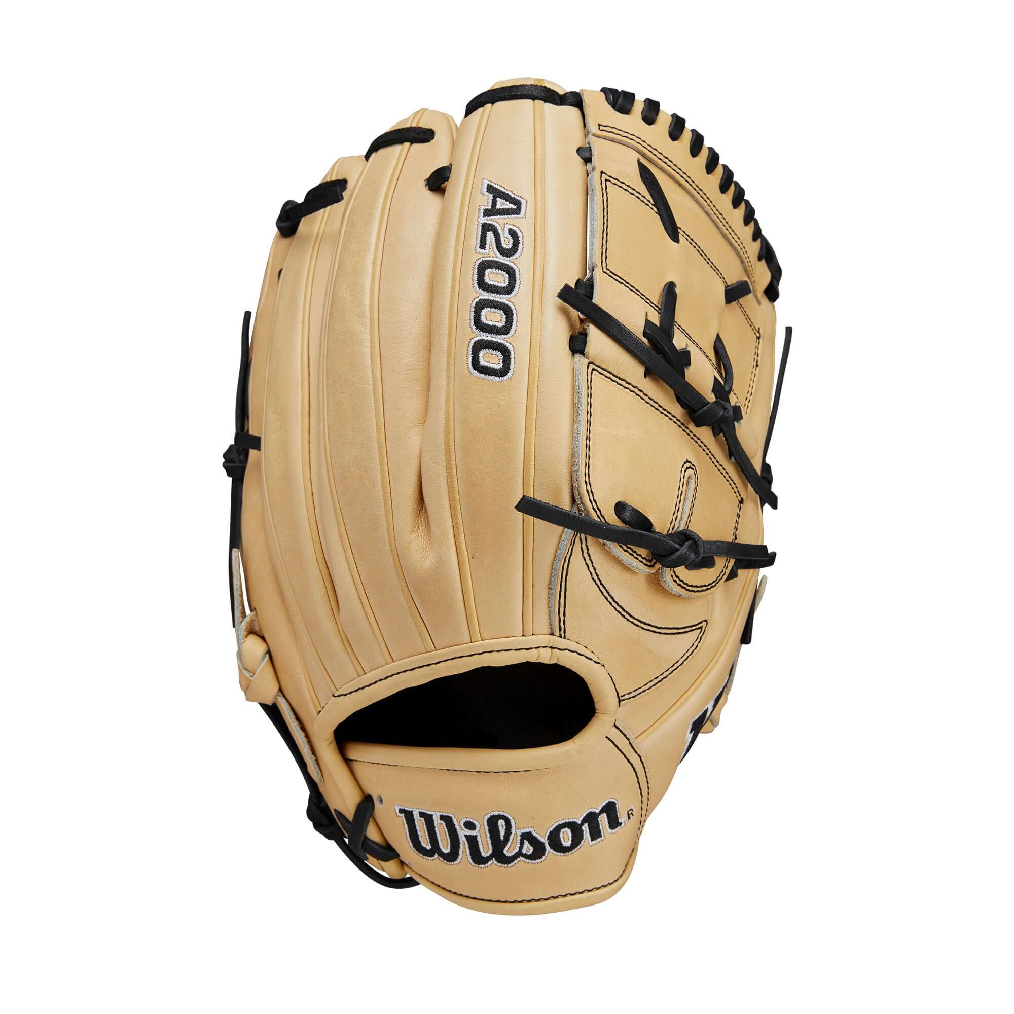 Wilson A2000 B2 Blonde/Black 12" pitcher's glove with Pro Stock leather and Closed Two-Piece Web design.