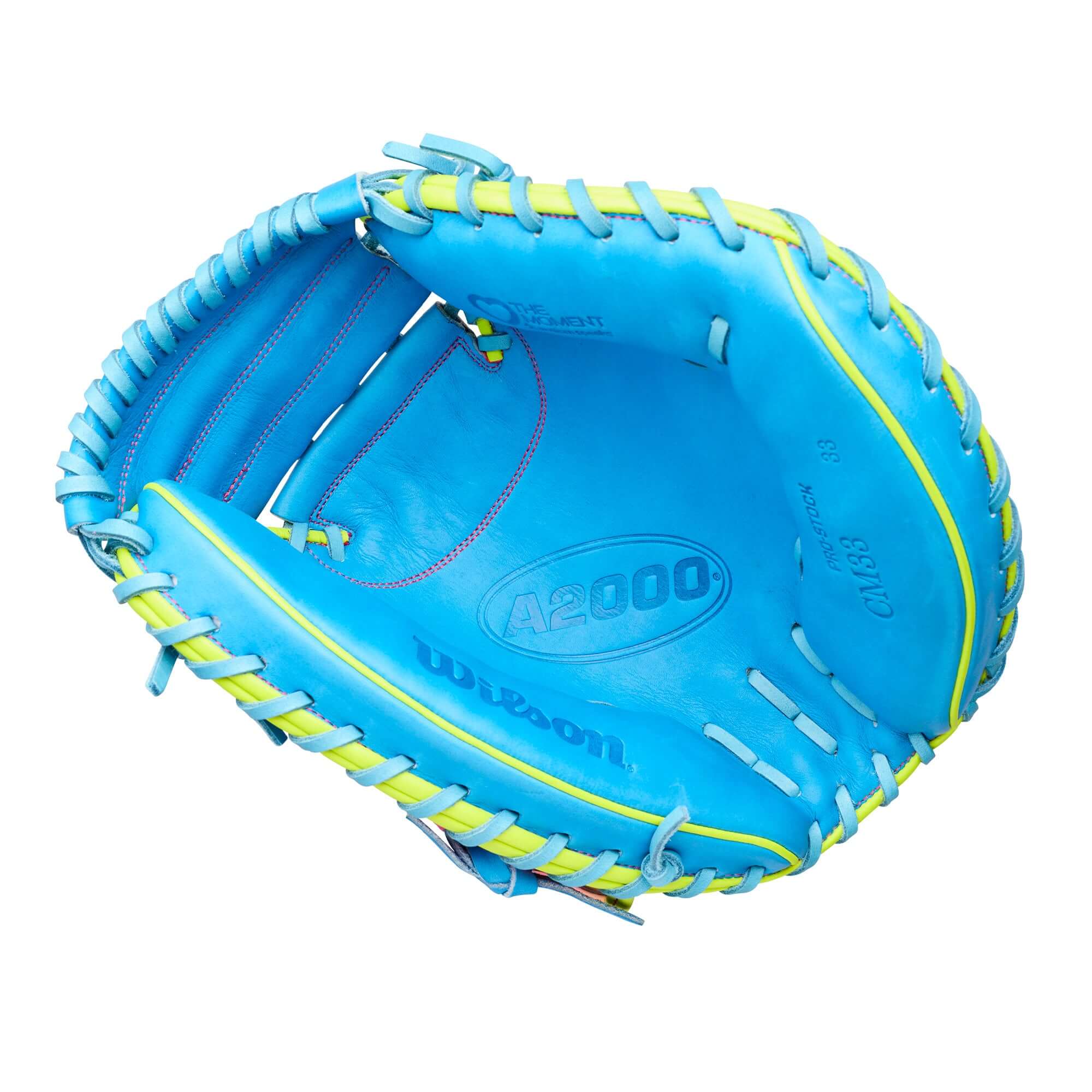 Wilson 2026 A2000 Catcher's Mitt in blue, top view of Love the Moment CM33SS design for baseball catchers.