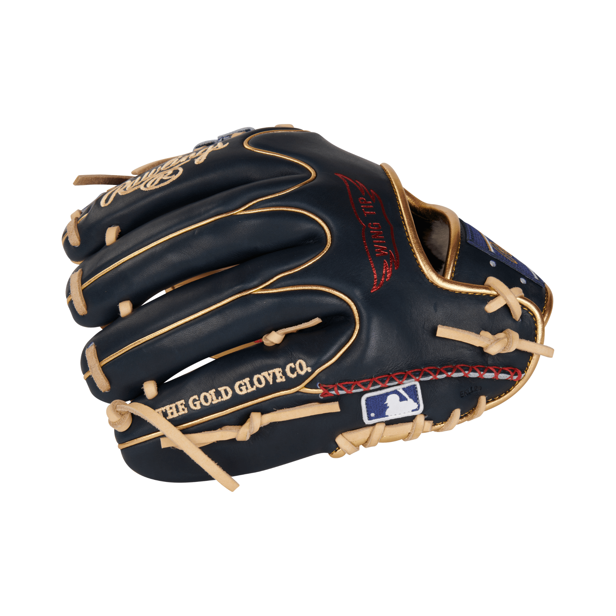 Rawlings Gold Glove baseball glove in navy blue with tan laces, showcasing premium leather craftsmanship.