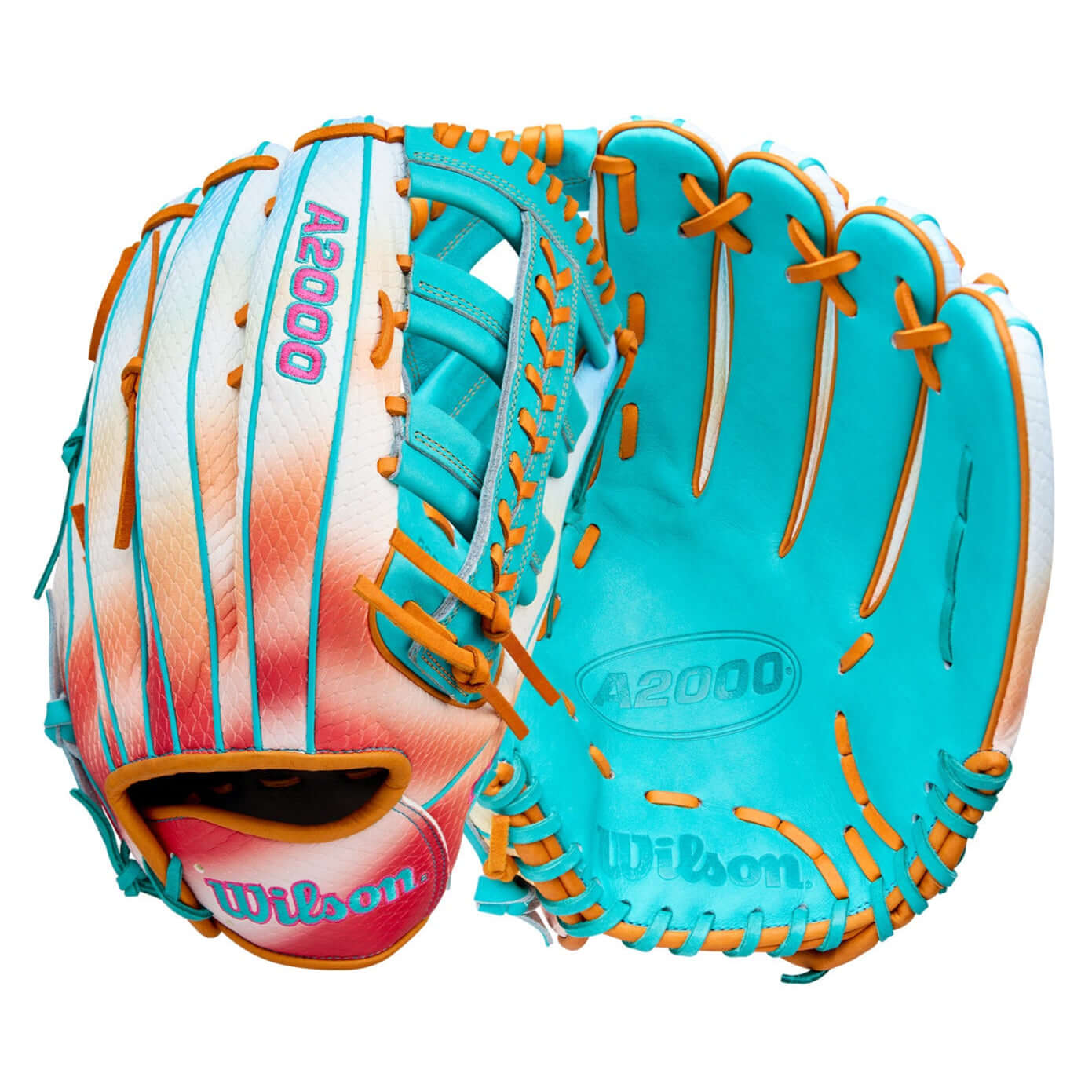 Wilson 2025 A2000 1810 Northern Lights 12.75" outfield baseball glove, turquoise and orange design.