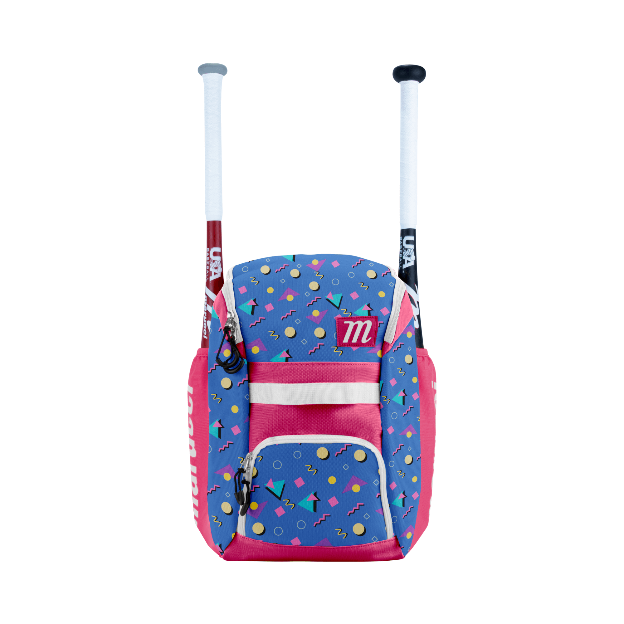 Marucci Foxtrott T-Ball Bat Pack in purple and pink with fun designs, perfect for young players to carry their gear.