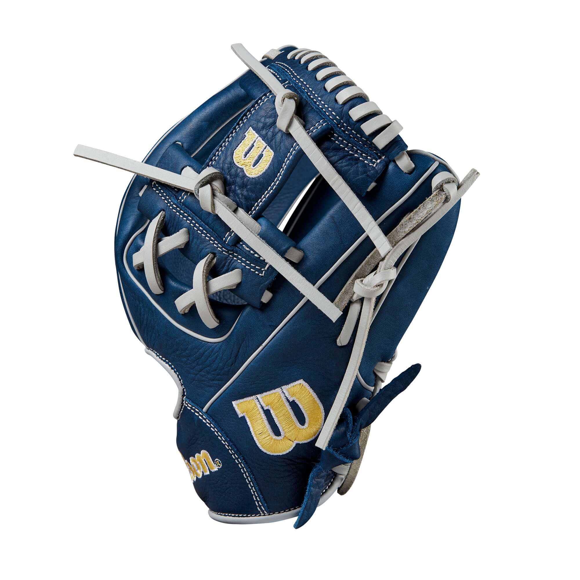 Wilson 2024 A1000 DP15 11.5" infield baseball glove in navy with white lacing for enhanced grip and control.