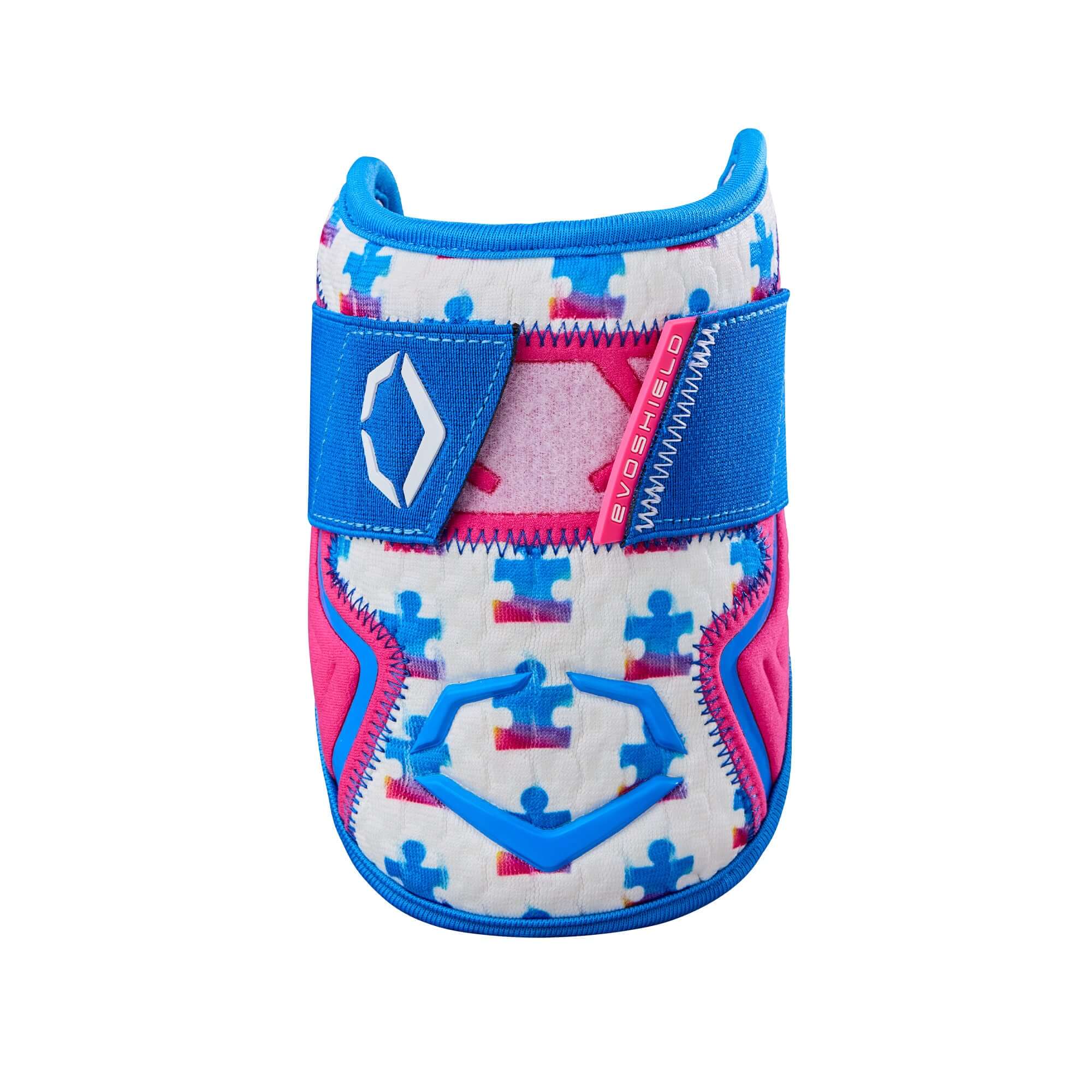 Front views of Evoshield X-SRZ Love the Moment Elbow Guard in white, royal, and scarlet, designed for protection and inclusion.