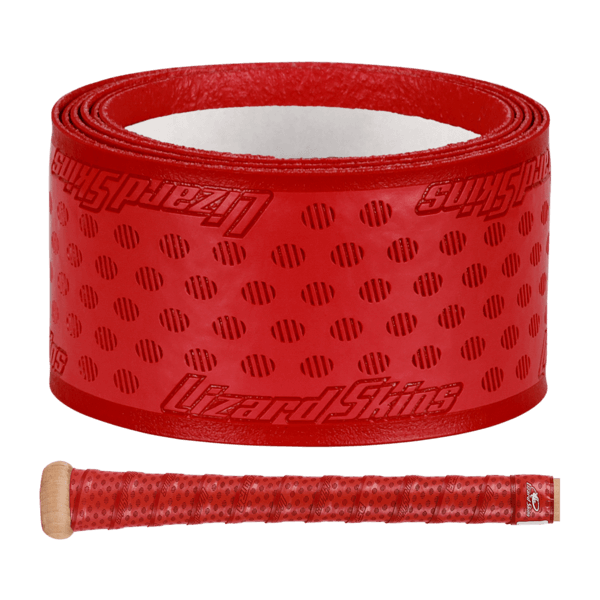 Red Lizard Skins DSP Ultra Bat Grip 1.1 mm with oval pattern and brand logo, roll and grip view.