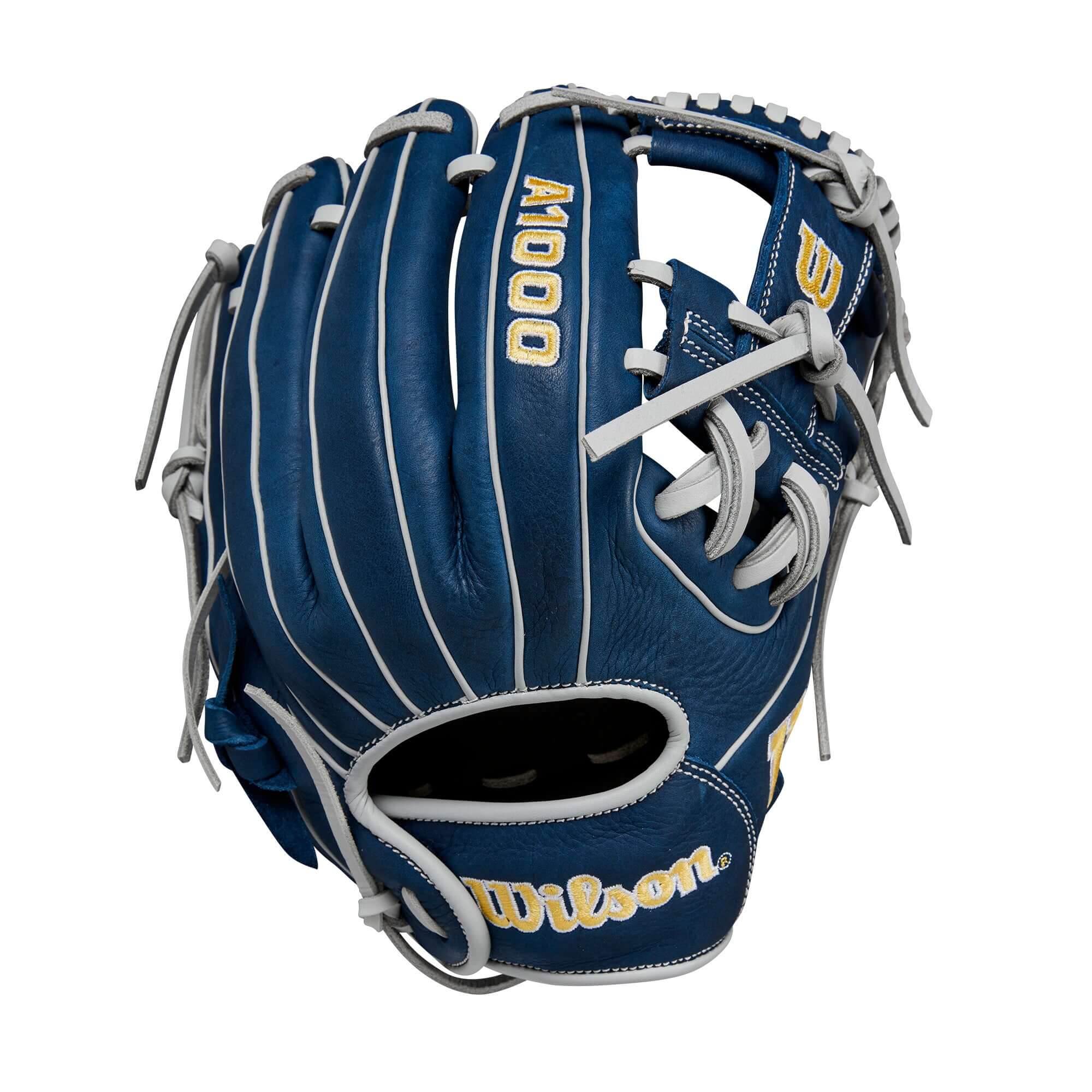 Wilson 2024 A1000 DP15 LHT 11.5" infield baseball glove in navy blue with white stitching and gold lettering.