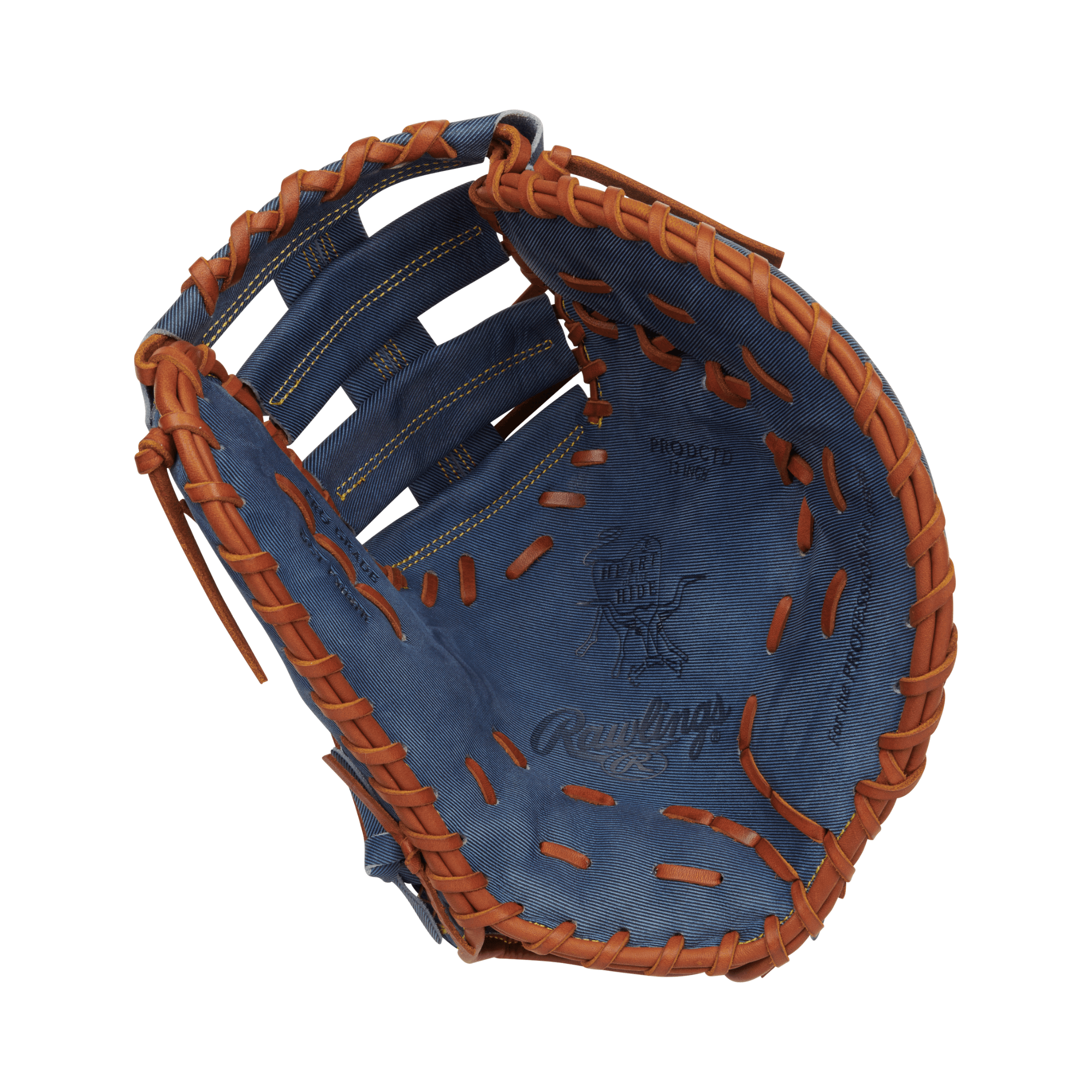 Rawlings Heart of the Hide Denim Edition 13" First Base Mitt showcasing denim finish and brown stitching.