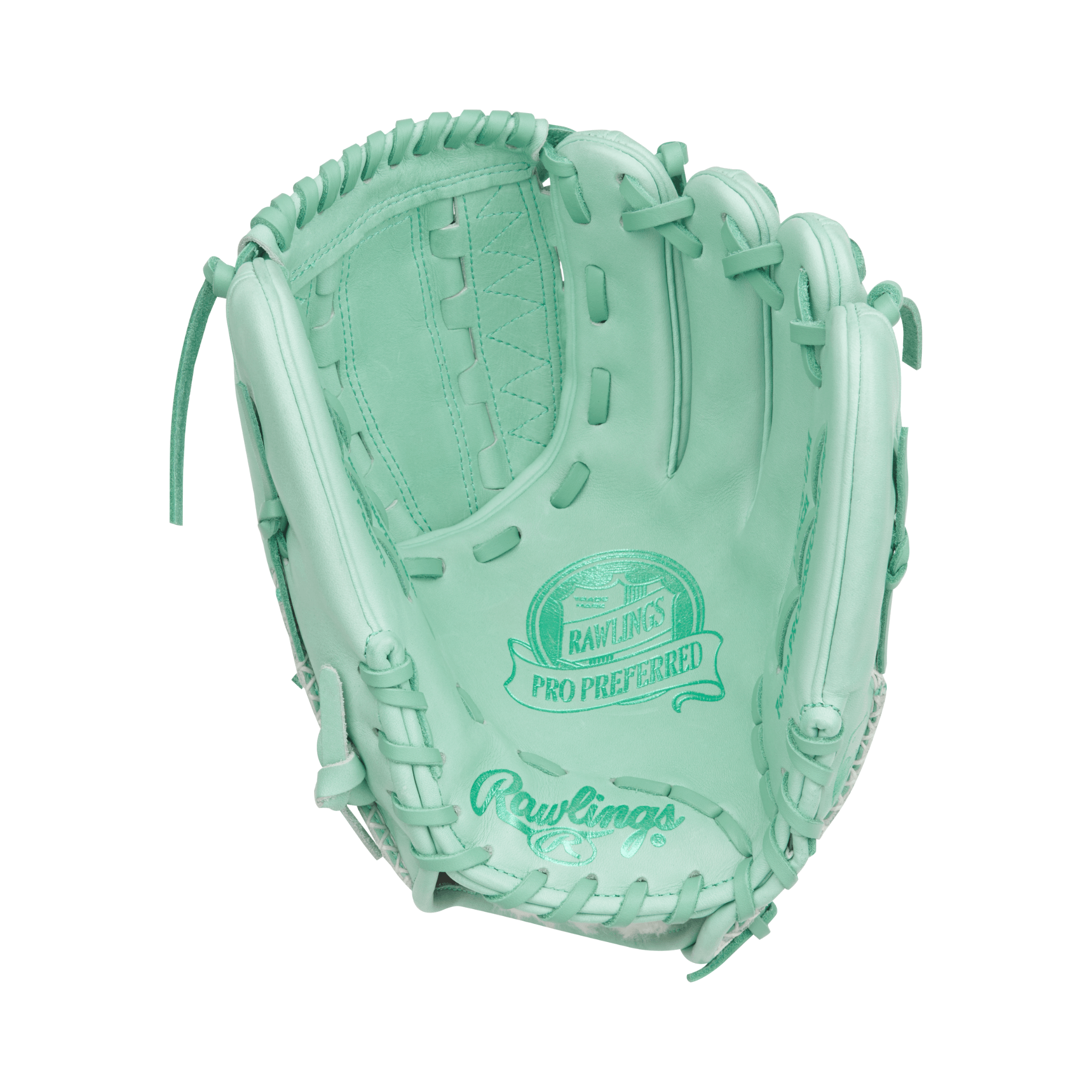 Rawlings Pro Preferred Series Pitcher's Glove 12" in mint color featuring Pittards Sheep Skin lining for comfort and performance.