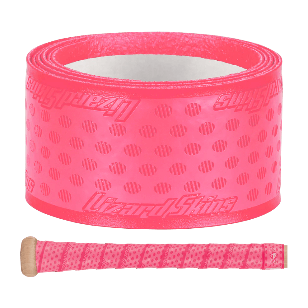 Lizard Skins DSP Ultra Bat Grip - 1.8 mm in pink with oval pattern, showing roll and cut sample.