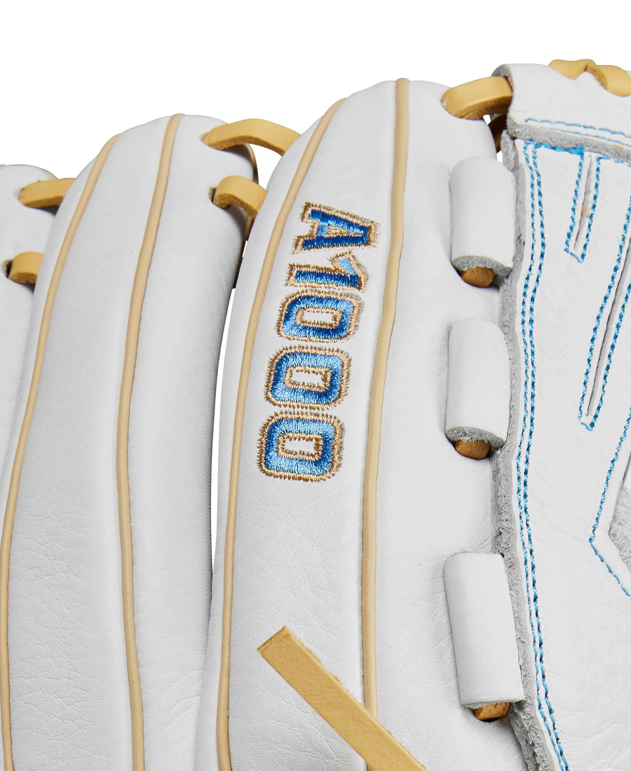 Close-up of Wilson A1000 V125 Fastpitch Softball Glove showcasing white, blue, and blonde leather details and stitching.