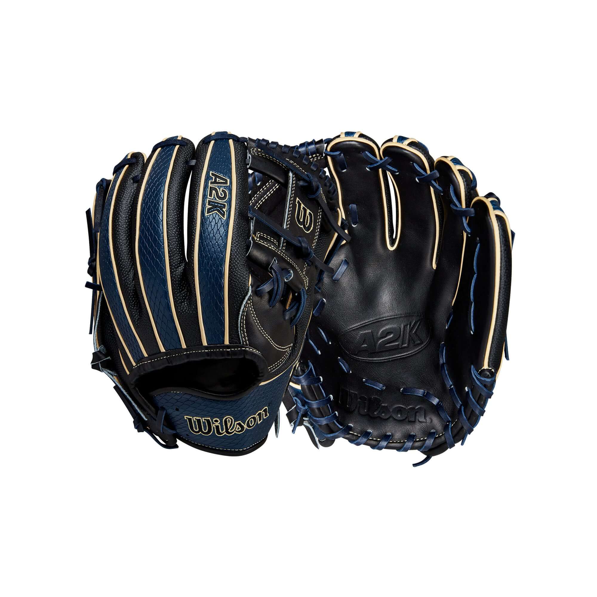 Wilson A2K Glove of the Month June 2023, 11.75” infield glove, Navy and Black, featuring SuperSnakeSkin and Gold Binding.