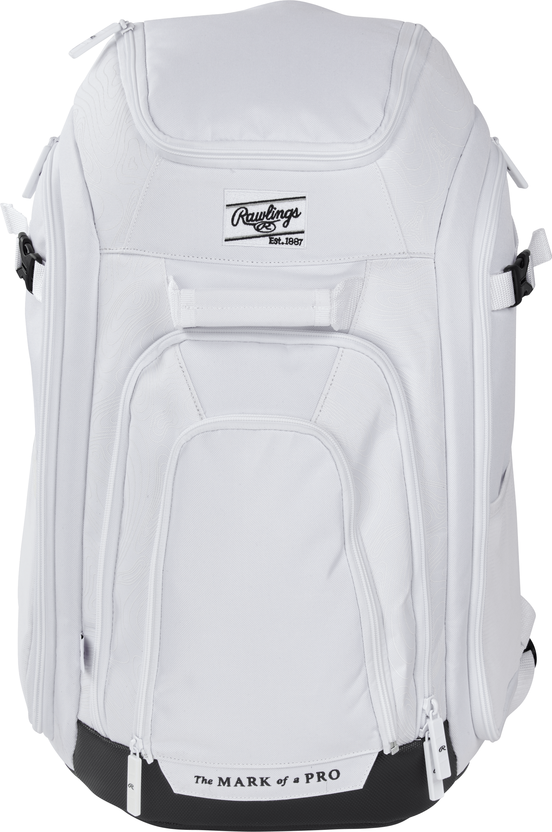 Front view of Rawlings Legion 2 Players Backpack in white with multiple zippered compartments and visible Rawlings logo.