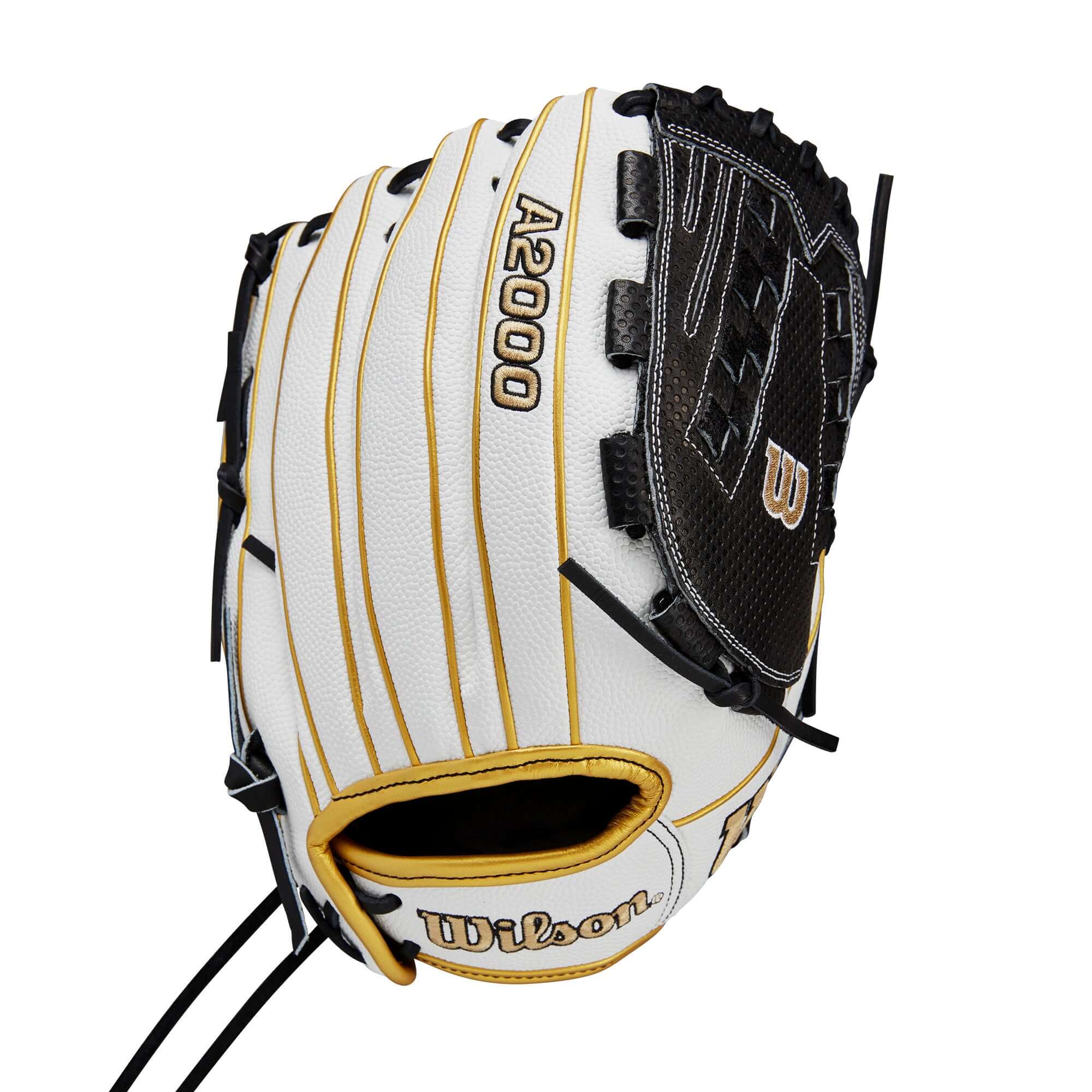 Wilson A2000 FP SCV125SS 12.5" softball glove in white, black, and gold for superior performance and grip.