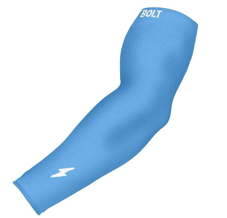 Bruce Bolt baby blue graduated compression arm sleeve for enhanced blood flow and muscle support during sports activities.