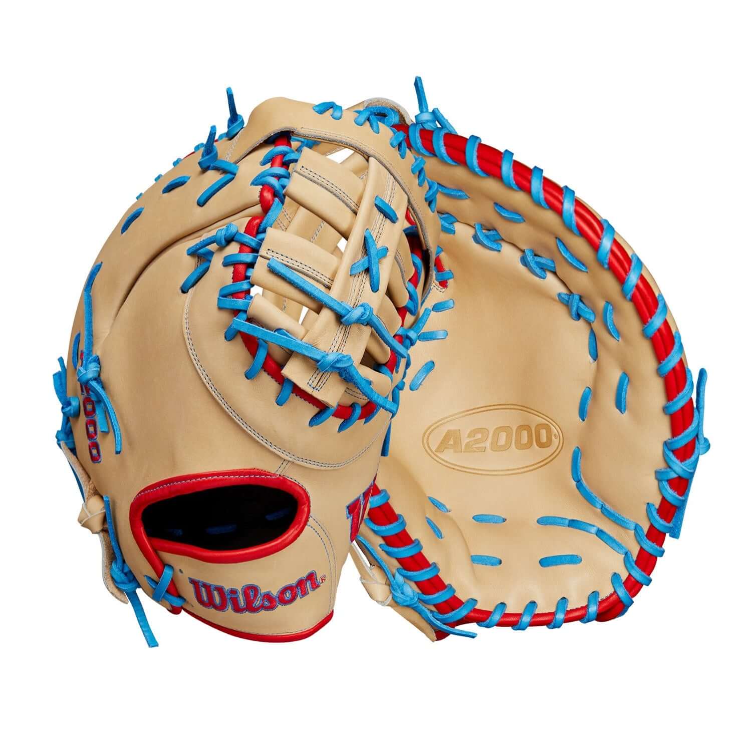 Wilson A2000 1677 first base mitt 12.5" LHT, featuring Blonde Pro Stock leather and vibrant accents for superior performance.