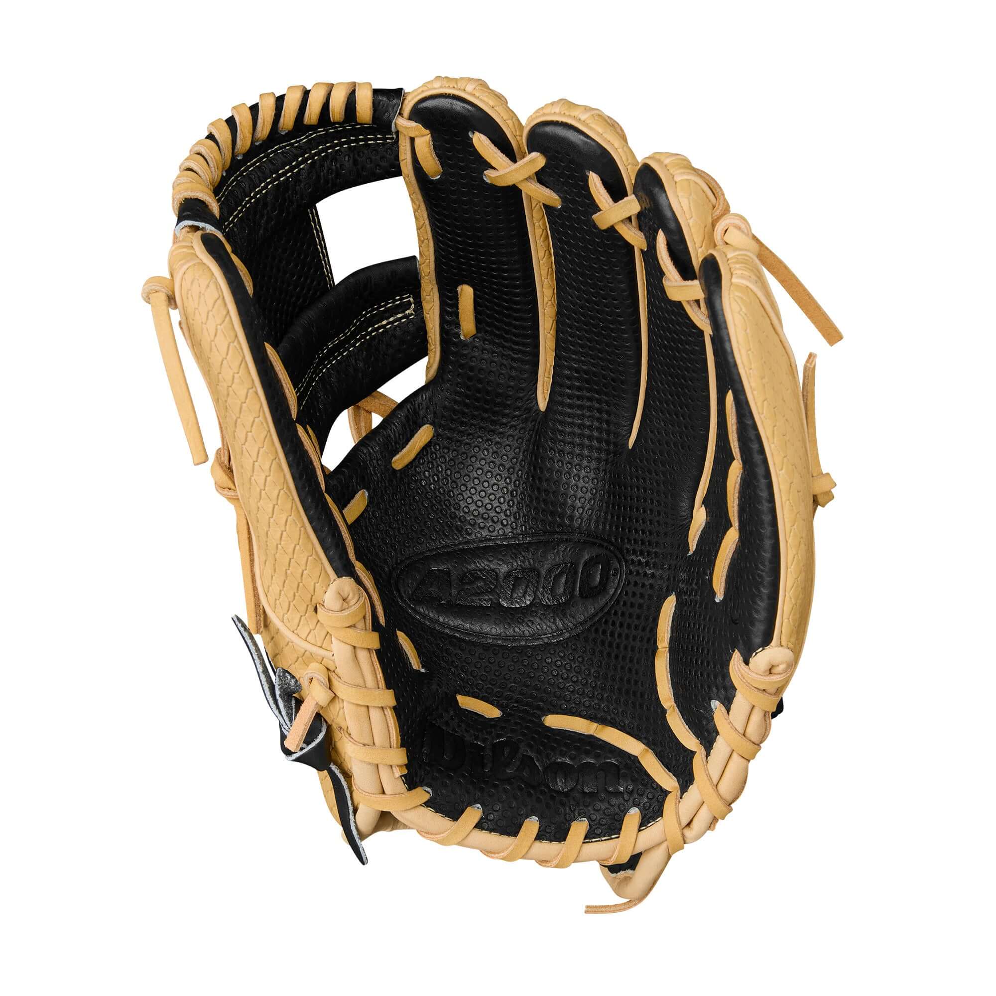 Palm view of the 11.75'' Wilson glove featuring Spin Control Technology to reduce spin rate for secure catches.