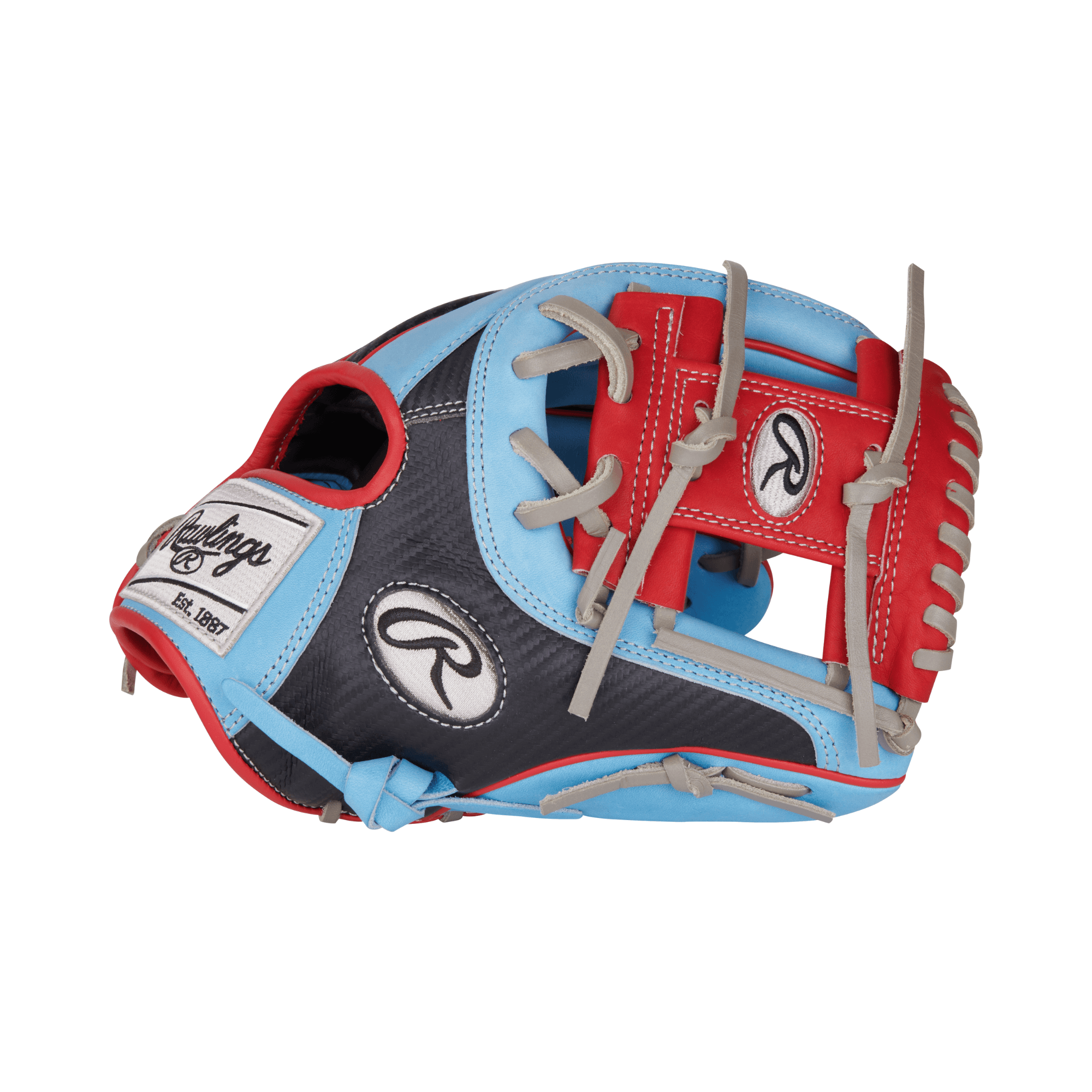 Rawlings Heart of the Hide 11.5" infield glove in columbia blue with scarlet accents and black hypershell design.