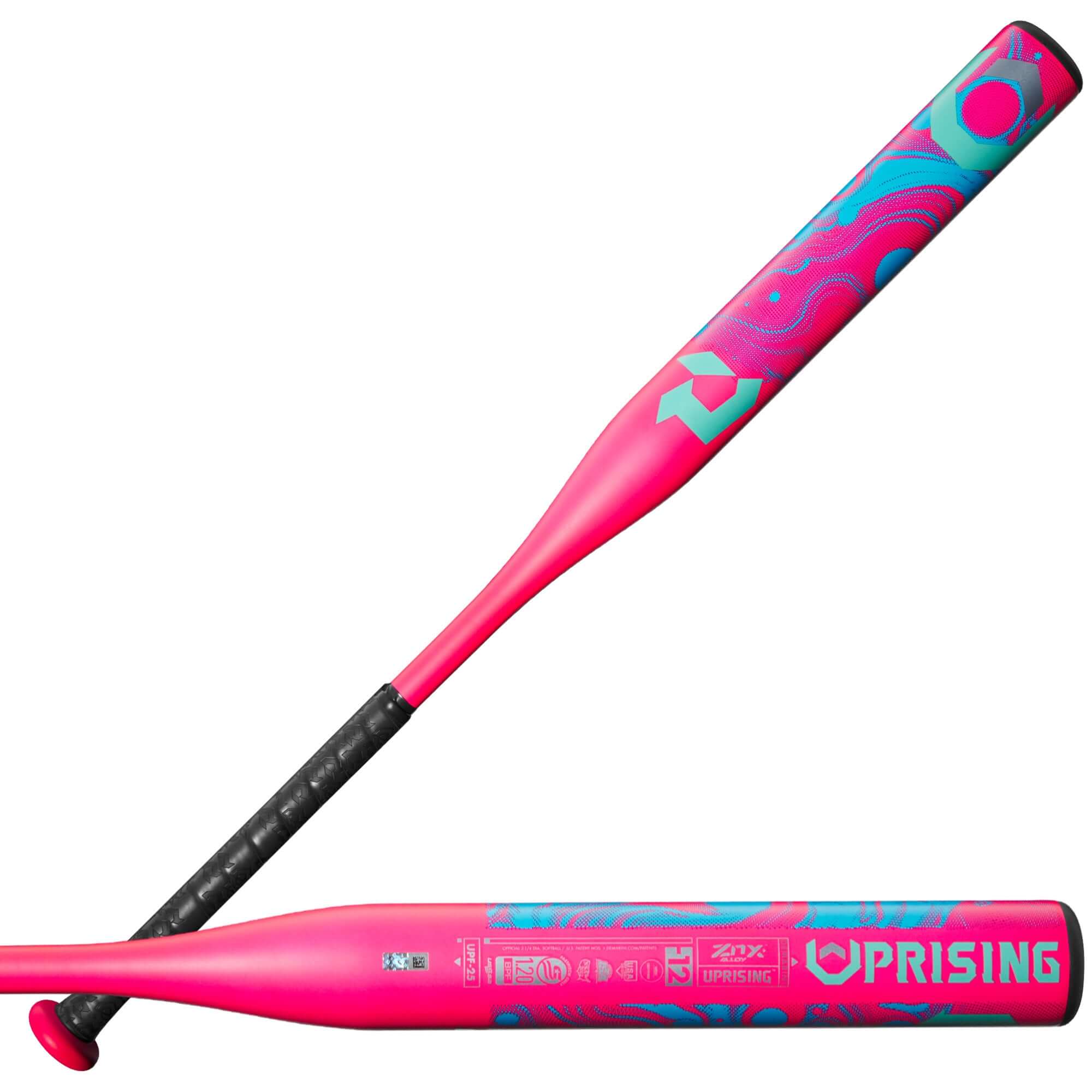 Side profile view of the 2025 DeMarini Uprising (-12) Fastpitch Softball Bat in pink with blue graphics.