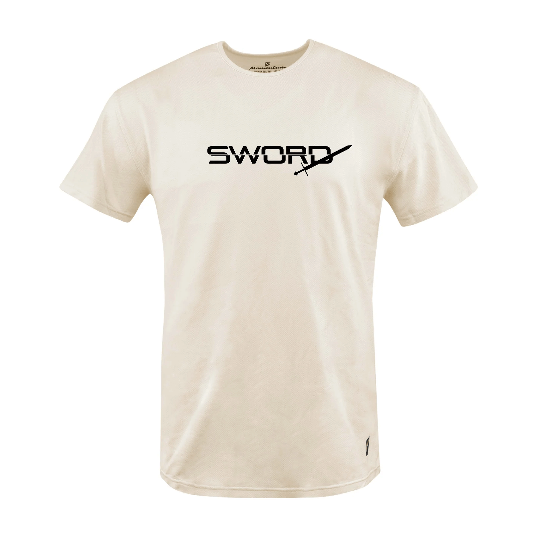 Front view of Bauer Outage Tan Recovery Tee with 'SWORD' graphic in black.